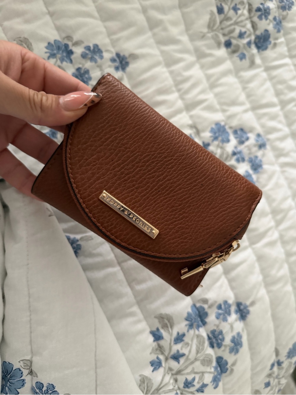 Poppy and Peonies Brown Leather Wallet with Gold Hardware